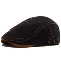Retro black washed denim flat cap with brown suede brim and orange contrast stitching - Adjustable / Black