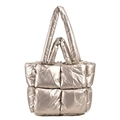 Quilted champagne gold puffer tote bag with metallic finish and dual handle design - Champagne