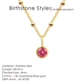 14K gold plated stainless steel necklace with round pink July birthstone pendant - July Rose (Rose Red Rhinestone) / Gold