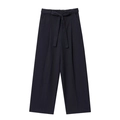 Navy blue striped wide-leg pants featuring a matching tie-belt and elegant pleats - XS / Blue Pants