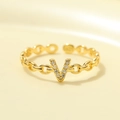 Minimalist S925 silver gold chain ring featuring a sparkling V-shaped zircon setting - Gold-Letter V