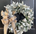 Farmhouse lamb's ear wreath with burlap bow and plaid ribbon on a dark wooden door - 40cm Lamb's Ear Wreath with Bow