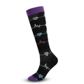 Black compression socks with colorful heartbeat pattern and purple toe accents - Purple ECG