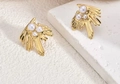 Artistic gold-plated fan-shaped stud earrings with three elegant white pearls - ED06-Abstract Fan Pearl
