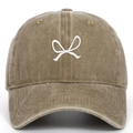 Detail of white embroidered bow design on brown washed cotton baseball cap texture - Adjustable / Khaki