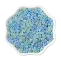 Blue and green 4mm cat-eye glass beads in a white ceramic petal bowl for DIY jewelry - Blue Green Mix