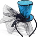 Detail of bright blue sequin witch hat headband with net veil and satin rose flower - Blue Ribbon Mesh Bowknot