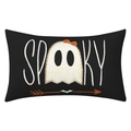 Black Halloween lumbar pillow cover featuring white ghost and Spooky lettering print - Style 18-Black Spooky Ghost Bat