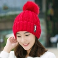 Winter red knitted beanie with fluffy pompom and letter B patch for warmth - Hat Only / Red