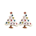 Close-up of white enamel Christmas tree stud earrings with multi-colored crystals and gold plating - A138-20 Christmas Tree