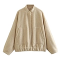Women's loose oatmeal Y2K cropped jacket with stand collar and wool-like texture - Khaki