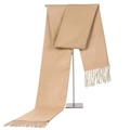 Men's minimalist beige winter scarf with soft fringe tassels on a display stand - Khaki
