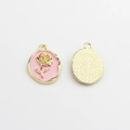 Detail of pink enamel oval pendant with golden 3D rose and textured metal back - Pink