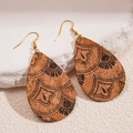Detail shot of teardrop cork earrings with black totem patterns and gold hooks on stone - Water Drop Shape (Black Totem) / Ear Hook-Black Fan