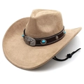 Detail of tan suede cowboy hat with turquoise leather band and silver bull head buckle - M (56-58cm) / Camel