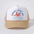 Retro Koloa Surf mesh trucker hat in beige and white featuring a classic rooster print - Khaki