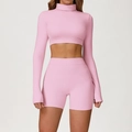 Ensemble de yoga rose clair 2 pièces avec haut court à manches longues et short - S / Manches Longues + Shorts / Rose Sakura