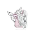 Pink enamel butterfly charm with heart stone in S925 sterling silver for DIY bracelets - BSC991-Pink Heart Zircon Butterfly Bead