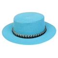 Bright blue wide brim straw boater hat with black leather and gold chain band decoration - Thick Chain Decor Band Style (300C)