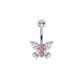 Silver butterfly belly button ring with pink and clear pear-shaped cubic zirconia - XY-19 Pink Butterfly