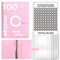 Roze PU-lederen 100 enveloppen spaaruitdaging binder met trackingkaarten en inlegvellen - Roze Kaft + 25 Vier-Vaks Folies + 1 Sticker / Roze (Met 1 Sticker)