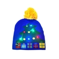 Bonnet de Noël bleu tricoté avec LED, pompon jaune et motifs festifs lumineux - Adulte (Élastique) / Sapin de Noël Bleu Roi (Sans Revers)