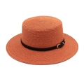 Detailed weave of a wide-brim boater hat with a black leather band and gold buckle - M (56-58cm) / Caramel color