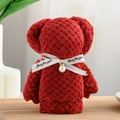 Deep red coral fleece towel folded into a bear shape with pearl and ribbon detail - 30*30cm / Pearl Bear Red (White Ribbon)