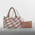 Brown and white woven tote bag set with matching small zipper clutch bag and round handles - Brown and White Patchwork