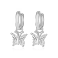 Silver hoop earrings featuring sparkling butterfly charm with micro-set cubic zirconia stones - Butterfly Pendant Silver Hoop Earrings (蝴蝶耳扣钯白KK-326)