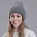 Deep grey rabbit fur knit hat with thick plush texture and cuff for winter warmth - Dark Gray