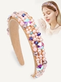 Fashion headband featuring pink and purple pearls with large faceted crystals on fabric - Velvet Retro Gorgeous Style (Series 9-1)