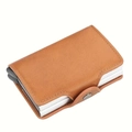 Portacarte RFID in pelle marrone con scatto automatico e chiusura a bottone in metallo - Marrone