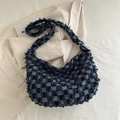 Bolso tote grande a cuadros azul oscuro en tejido de flecos con correa ajustable - Azul oscuro