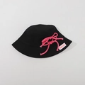 Kids black cotton bucket hat with pink braided rope and Fierce cat woven label - CM8003 Tie Bow Series / Black