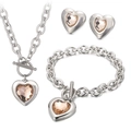3-piece silver stainless steel heart jewelry set with champagne crystal and OT buckle - Silver 3-Piece Set - Champagne Gem (KS193433-Z)