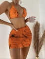 Three-piece bikini set with orange marble print featuring a halter top and ruched skirt - S / Orange