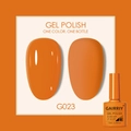 Vibrant orange soak-off gel polish G023 in 7.5ml bottle with two matching nail swatches - Orange (023)