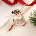 Christmas reindeer brooch with gold plating, white rhinestones and red enamel finish - BR0041-White Reindeer
