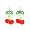 Elegant gold cherry earrings with green leaves and red glitter resin drops on white background - Glittery Red Green Cherry (0318)