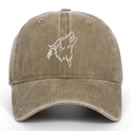 Vintage washed khaki baseball cap with white wolf head embroidery on pure cotton fabric - Adjustable / Khaki