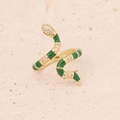 Anillo de serpiente dorado con esmalte verde y circonitas blancas sobre piedra - Abierto Ajustable / Estilo de Serpiente (1#)