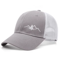Detail of grey mesh trucker hat featuring white mountain and pine tree embroidery - Adjustable / Gray/White
