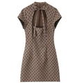 Detail of retro brown polka dot mini dress with bow tie neckline and cutout front - XS / Coffee Polka Dot