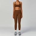 Donkerbruine dames sportset met open rug yoga bh en legging met hoge taille - L / Bh+Leggings-Lichte Koffie