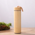 Eco-friendly bamboo vacuum flask with metal rim and matching lid with lanyard - 500ml Cup with Rope Handle and Bamboo Lid