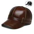Men's winter genuine leather baseball cap with earflaps in dark brown and black - Folded Belt Baseball Cap Light Coffee