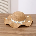 Light brown straw sun hat with daisy embroidery and wavy wide brim for beach vacations - Floral Head Circumference - Khaki