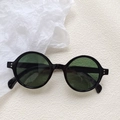 Classic round sunglasses in glossy black frame with dark green lenses and twin rivets - Dark Green
