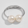 Silver metal open cuff bracelet featuring two large symmetrical creamy white pearls - Irregular Wrinkled Wide Cuff (02 White K 2773)